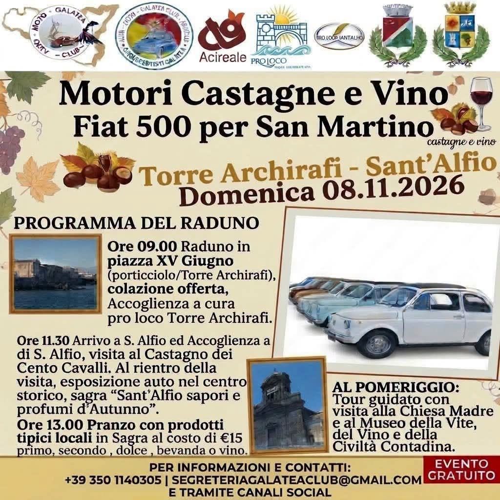 Motori Castagne e Vino - Fiat 500 per San Martino - Raduno Dinamico a Riposto (CT) il domenica 8 novembre 2026