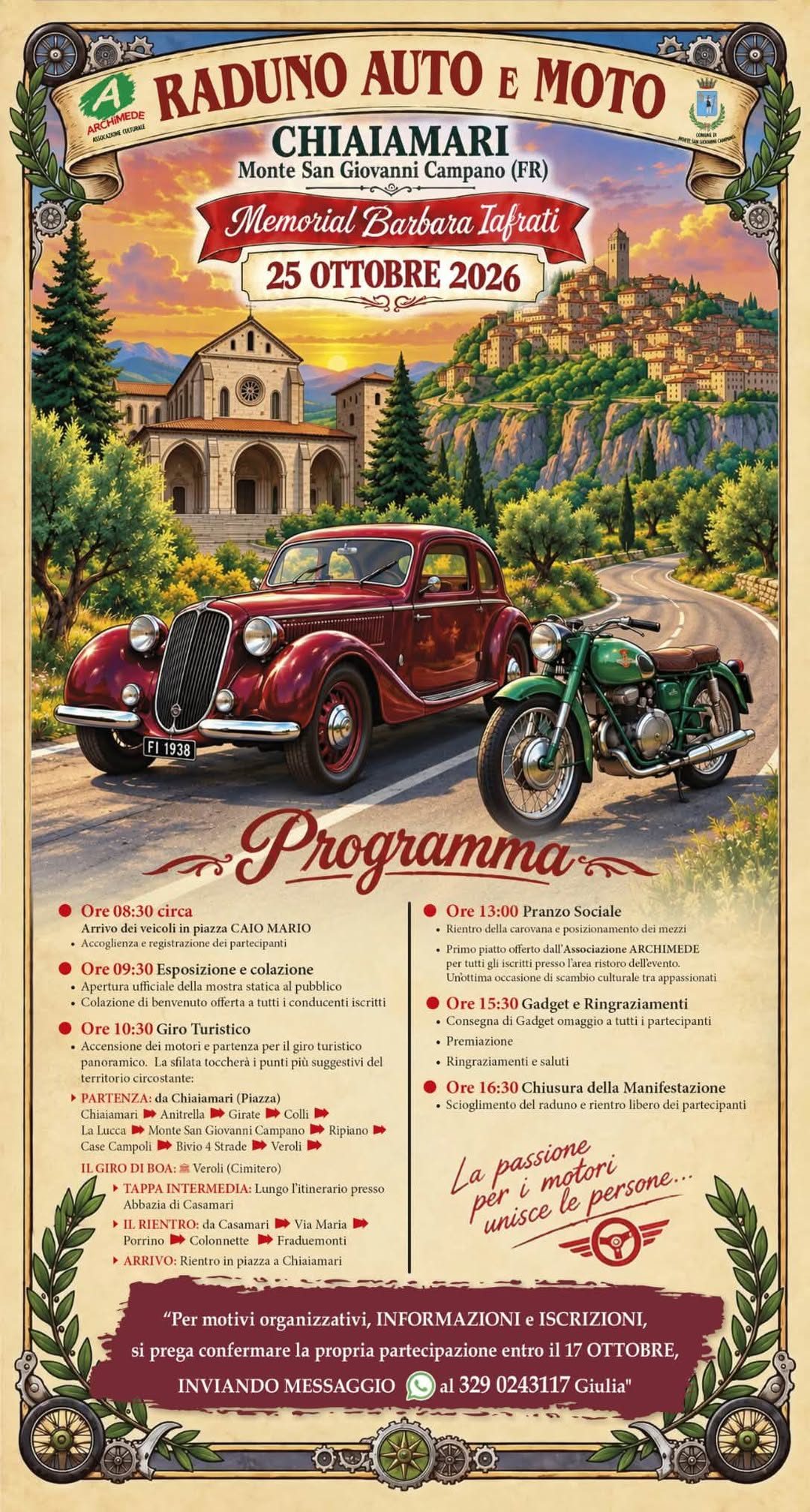 Raduno Auto e Moto - Memorial Barbara Tafrati - Raduno Dinamico a Monte San Giovanni Campano (FR) il domenica 25 ottobre 2026