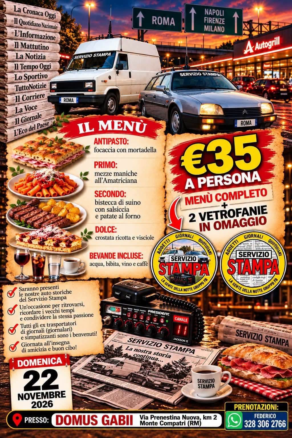 Raduno Servizio Stampa - La Nostra Storia Continua - Auto d'Epoca a Monte Compatri (RM) il domenica 22 novembre 2026