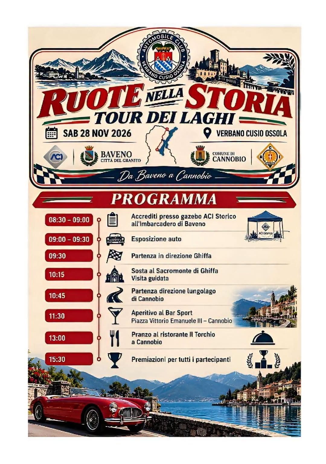 Ruote Nella Storia – Tour Dei Laghi - Raduno Dinamico a Baveno (VB) il sabato 28 novembre 2026