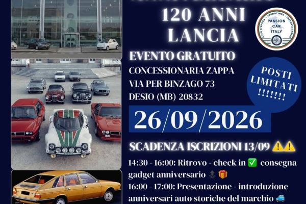 Anniversario 120 Anni Lancia - Raduno Statico a Desio (MB) il sabato 26 settembre 2026