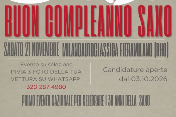 Sax30 Buon Compleanno Saxo - Raduno Statico a Rho (MI) il sabato 21 novembre 2026